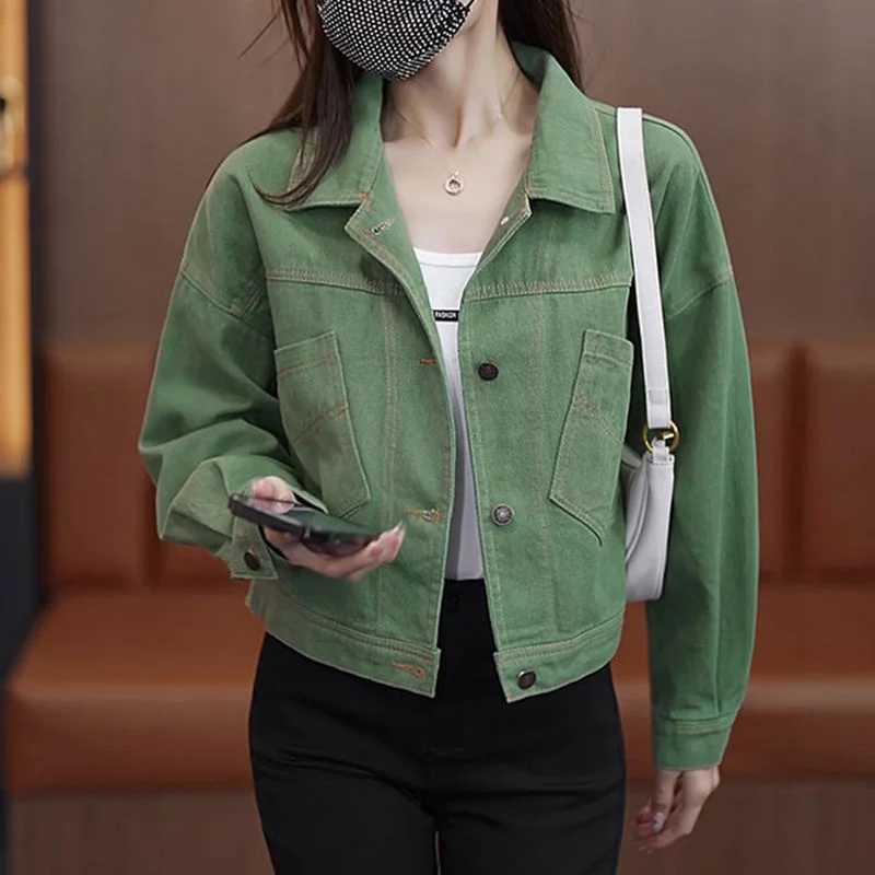 Women Fashion Design Green Denim Coat NEW 2026 Spring Autumn Long Sleeved Short Denim Top Jacket Female Casual OuterwearT260328