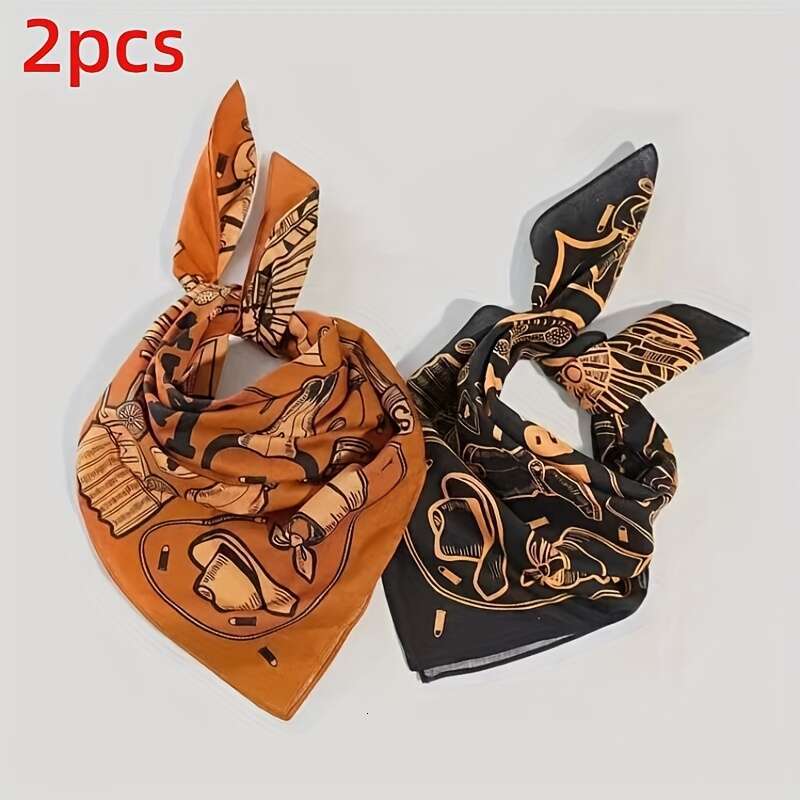 Set Of 2 Men's Bandanas Featuring A Cowboy Skull Design Lightweight Square Scarves Ideal Outdoor Motorcycle Riding Halloween. These Orange Liuyue