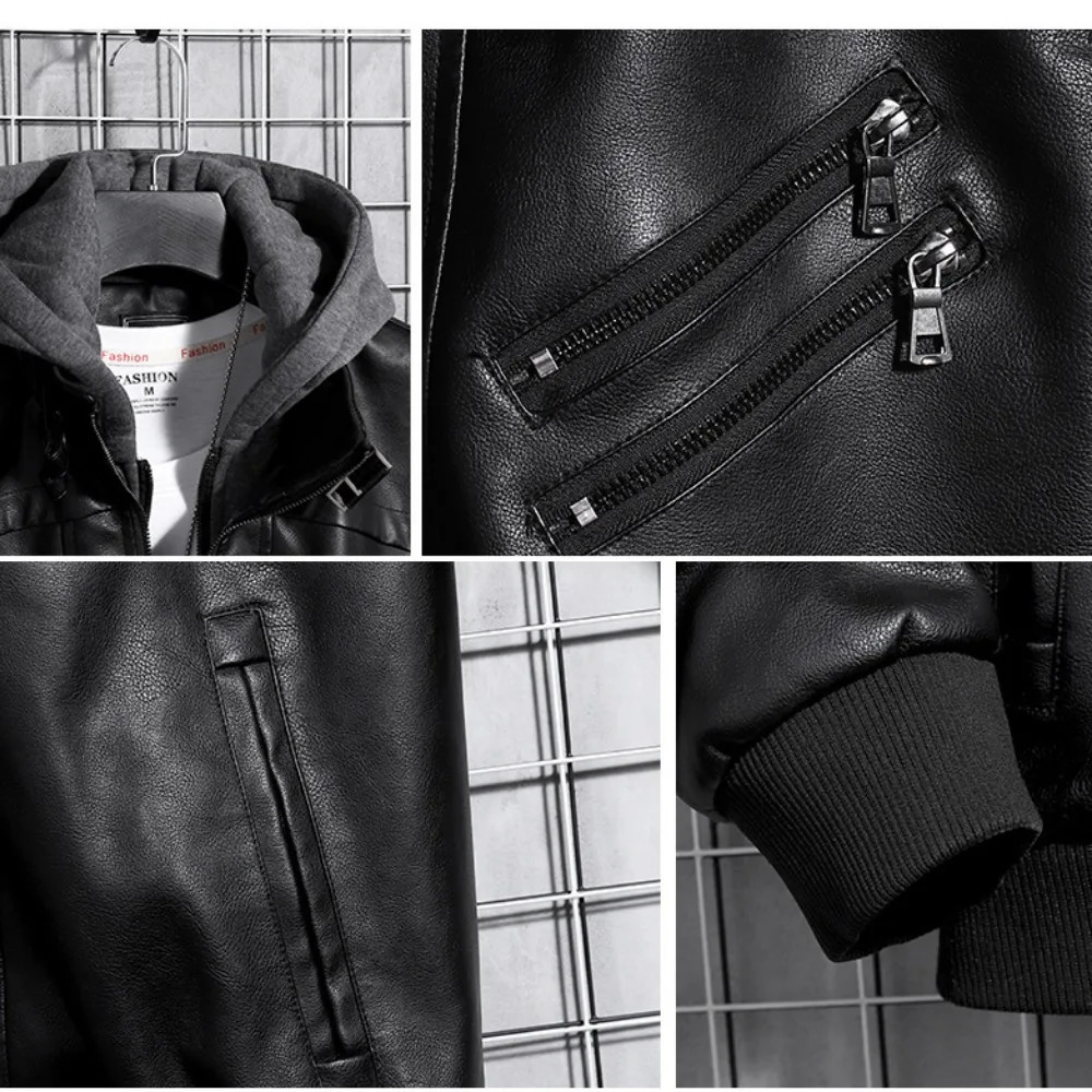 Hooded Leather Jacket Mens Jacket Winter PU Leather Coat Teenage Jackets Mens Motorcycle Leather Coat Harajuku 260327