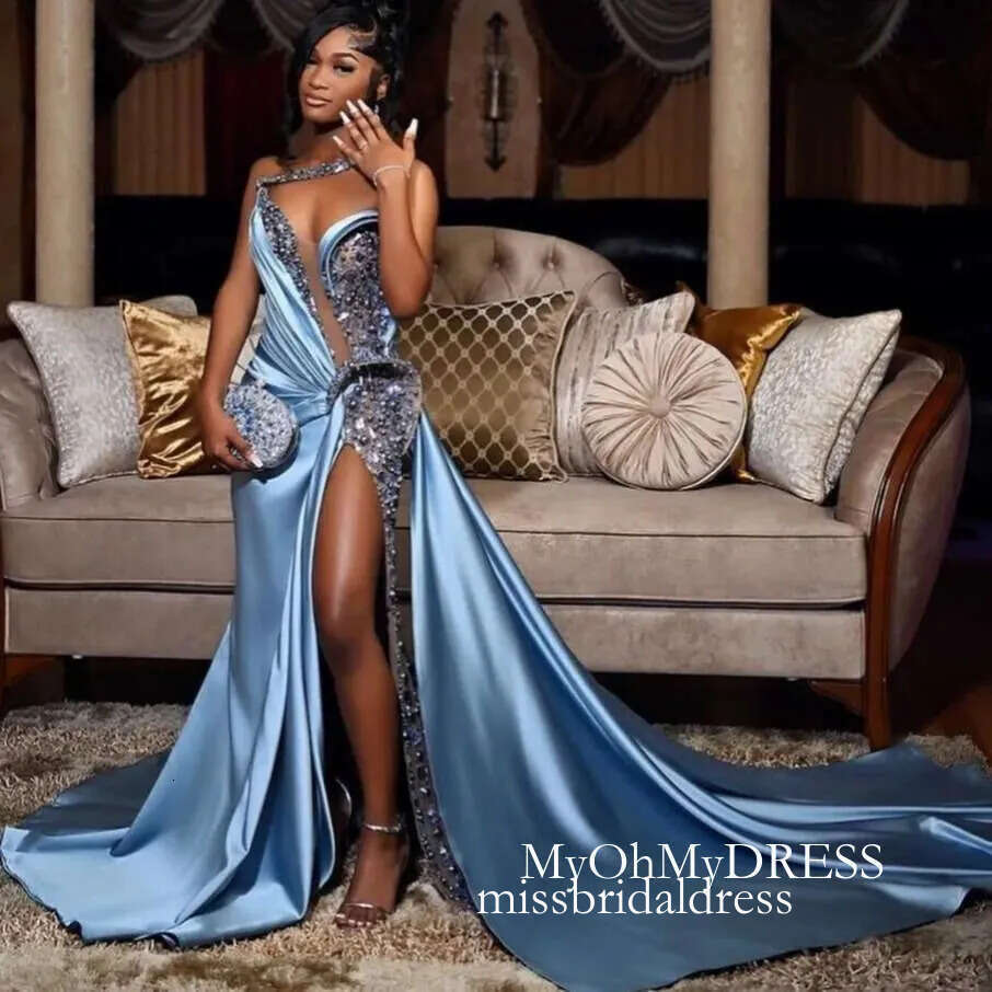 Aso Ebi 2026 Sky Blue Mermaid Prom Dresses One Shoulder Beaded Satin Sequined Evening Formal Party Second Reception Birthday Gowns Dress For Special O