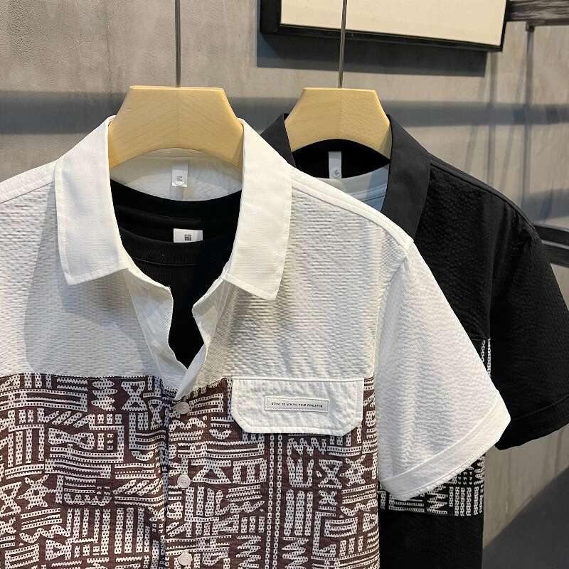 Stylish Color-Block Short-Sleeve Shirt Jacket 2024 Summer New Loose-Fit Casual Men's Top