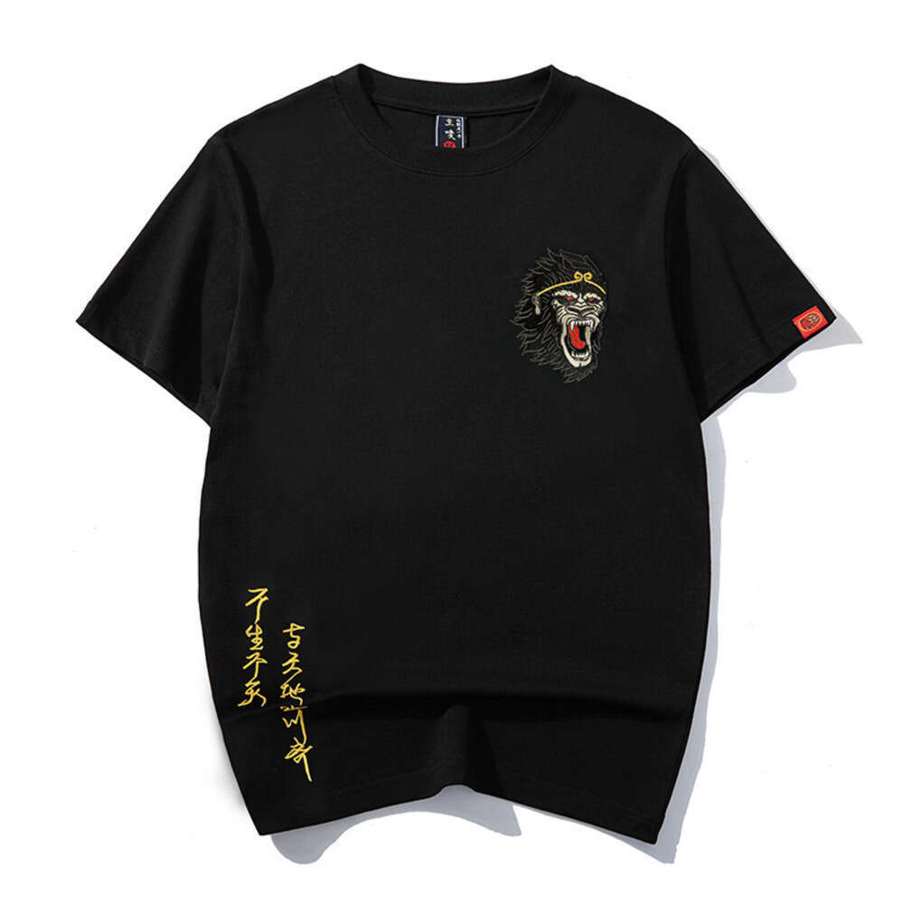 ZHE HAN Magic Summer New Trendy Pure Cotton Loose Heavy Embroidery Monkey King Round Neck Short Sleeve T-Shirt
