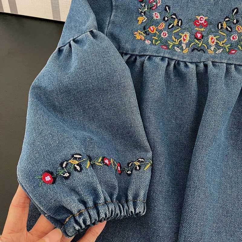 MILANCEL Girls Denim Dresses 2024 Autumn New Embroidery Floral Long Sleeve Dress Childrens Daily Casual ClothesT260330
