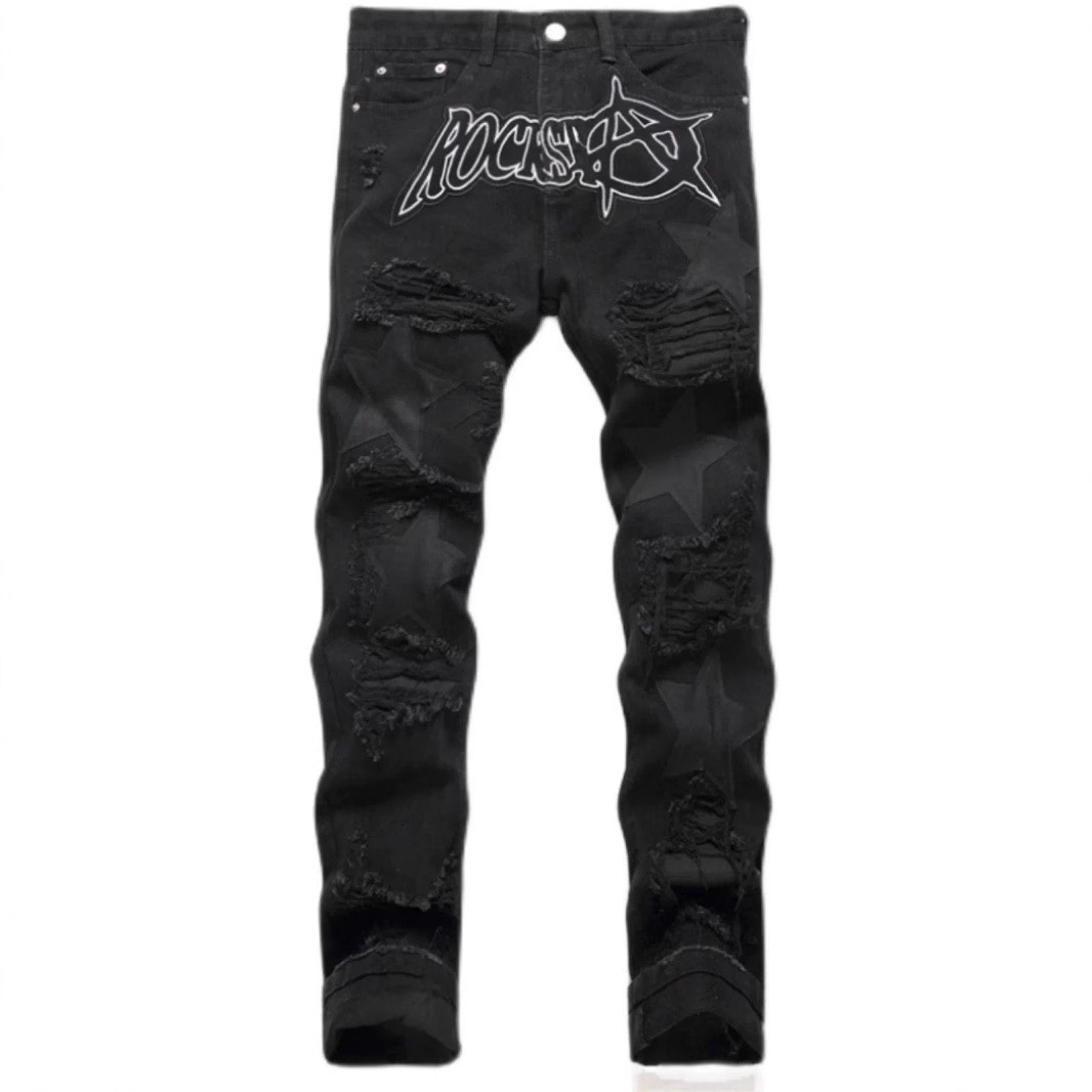 Luxury Brand Designer Clothes High Street Black Ripped Jeans For Men With Star Patch, Loose Straight Fit, Non-Stretch, Versatile Casual Long Pants Tre