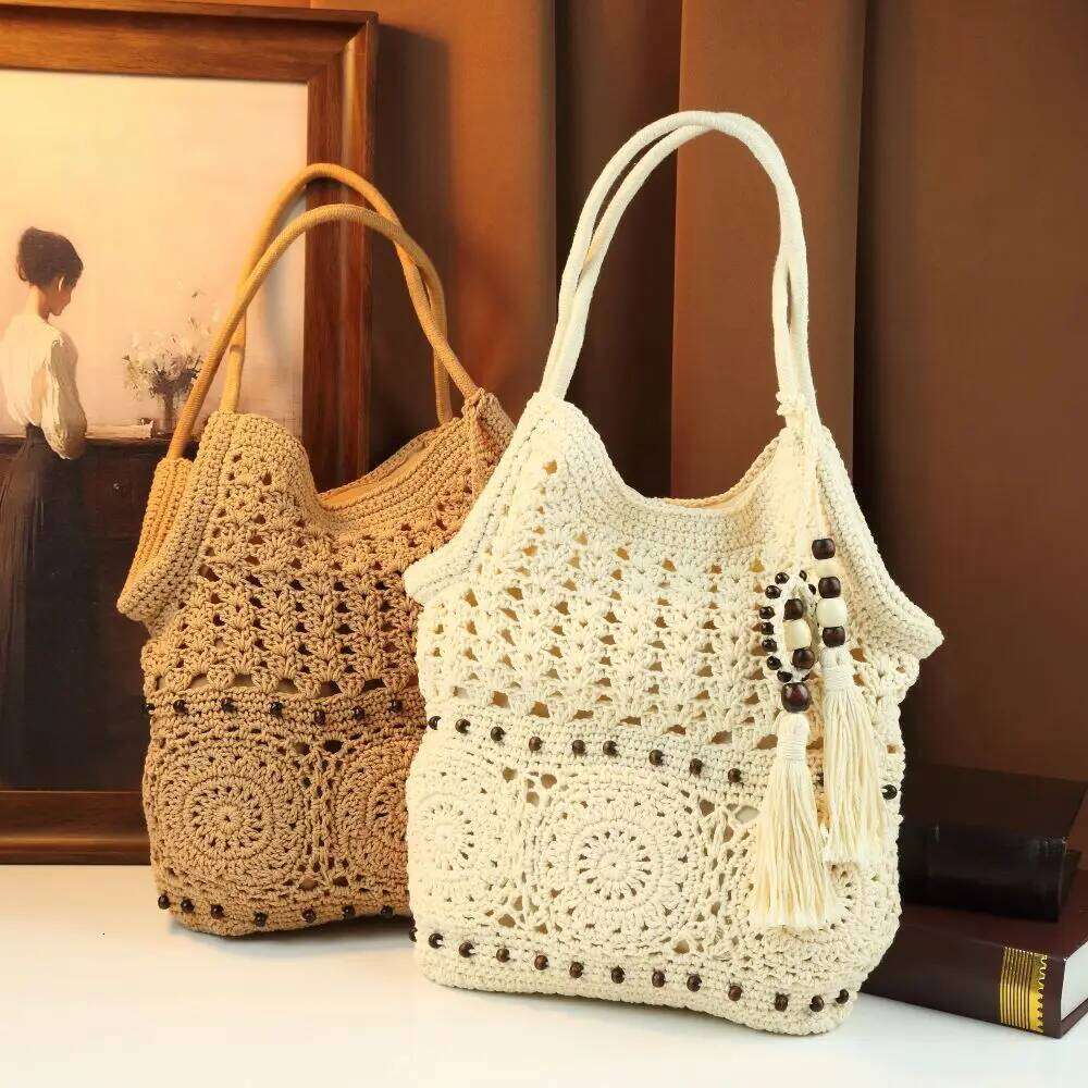 2026 New Crochet Knitting Openwork Woven Large Capacity Tassel Bead Shoulder Bag, Summer Beach Bag