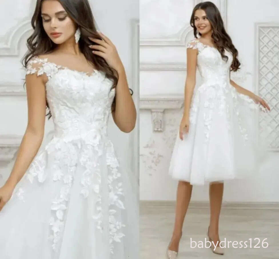Short Wedding Dress 2026 White For Women Cap Sleeve Lace Appliques Boho Bridal Gown Princess Cute Robe De Mariee Illusion Vestidos ZD12 ZD19
