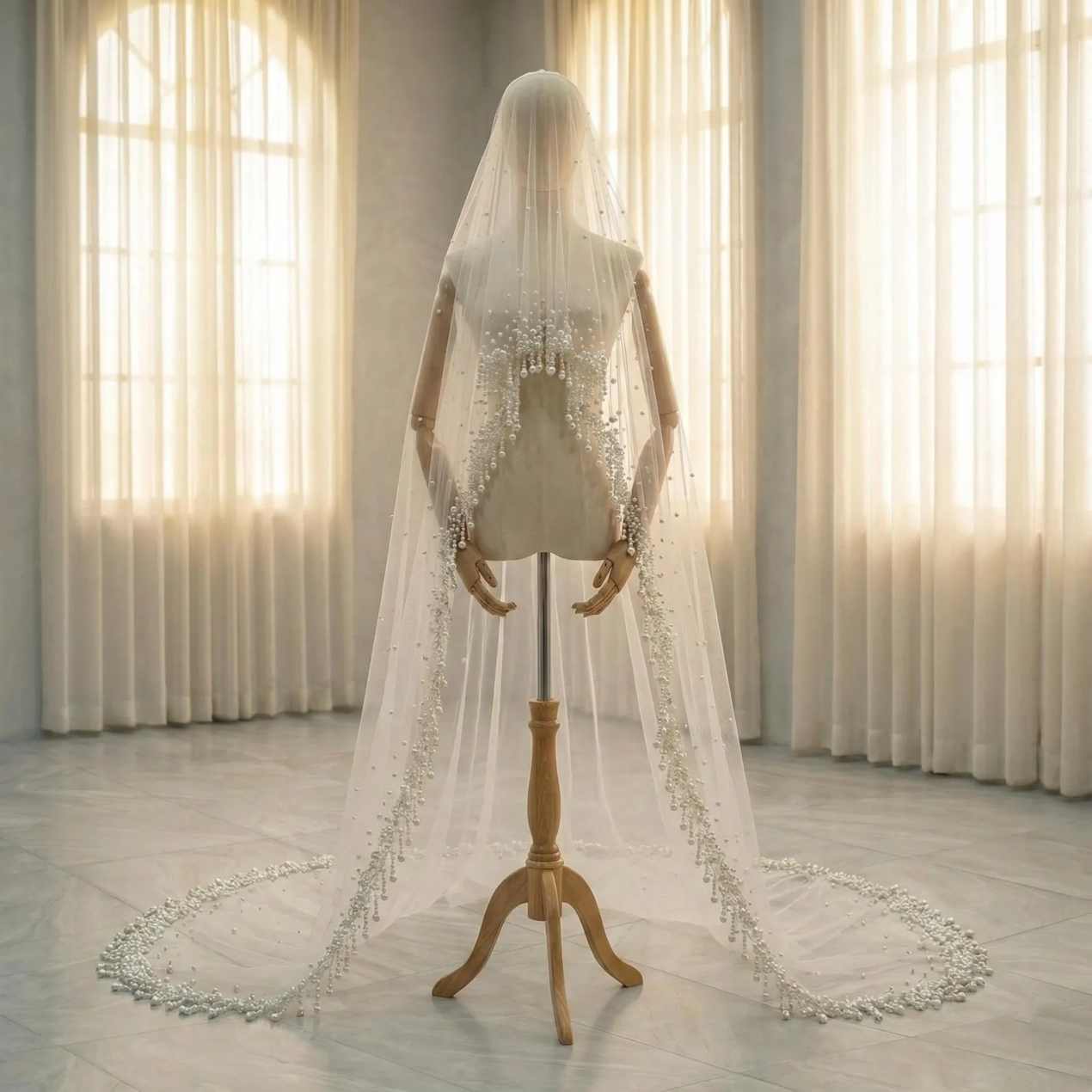 Luxury Pearls Wedding Veil Lace Long Special Beaded Royal Bridal Veil with Comb Tassels Wedding Accessories For Women Customized