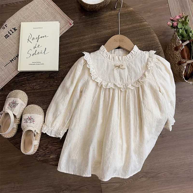 Bowknot Nylon Lace Embroidered Flower Half High Collar Cut-out Princess Dress Autumn Dress Kids Dresses for Girls KidsT260330