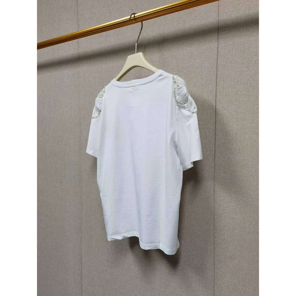 Ladies Bead Water Diamond Yarn Flower Shoulder Decoration T-Shirt 2025 Summer New 100% Cotton Short Sleeve All-Match Tee Mdng260330