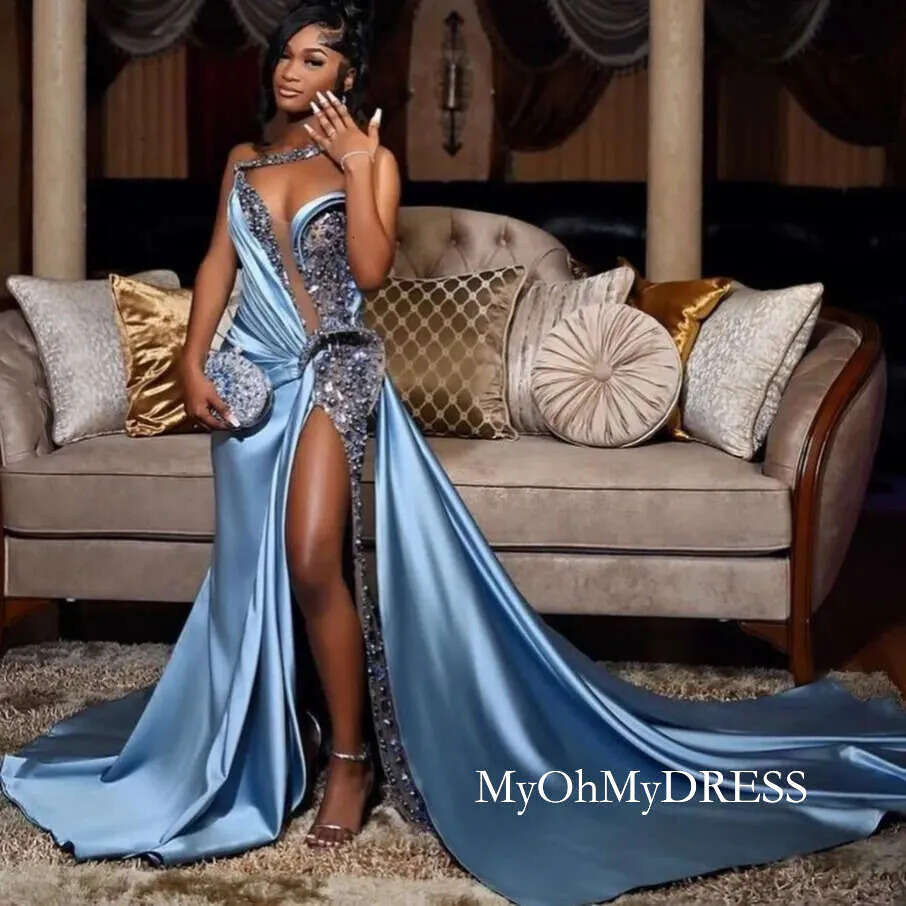 Aso Ebi 2026 Sky Blue Mermaid Prom Dresses One Shoulder Beaded Satin Sequined Evening Formal Party Second Reception Birthday Gowns Dress For Special O