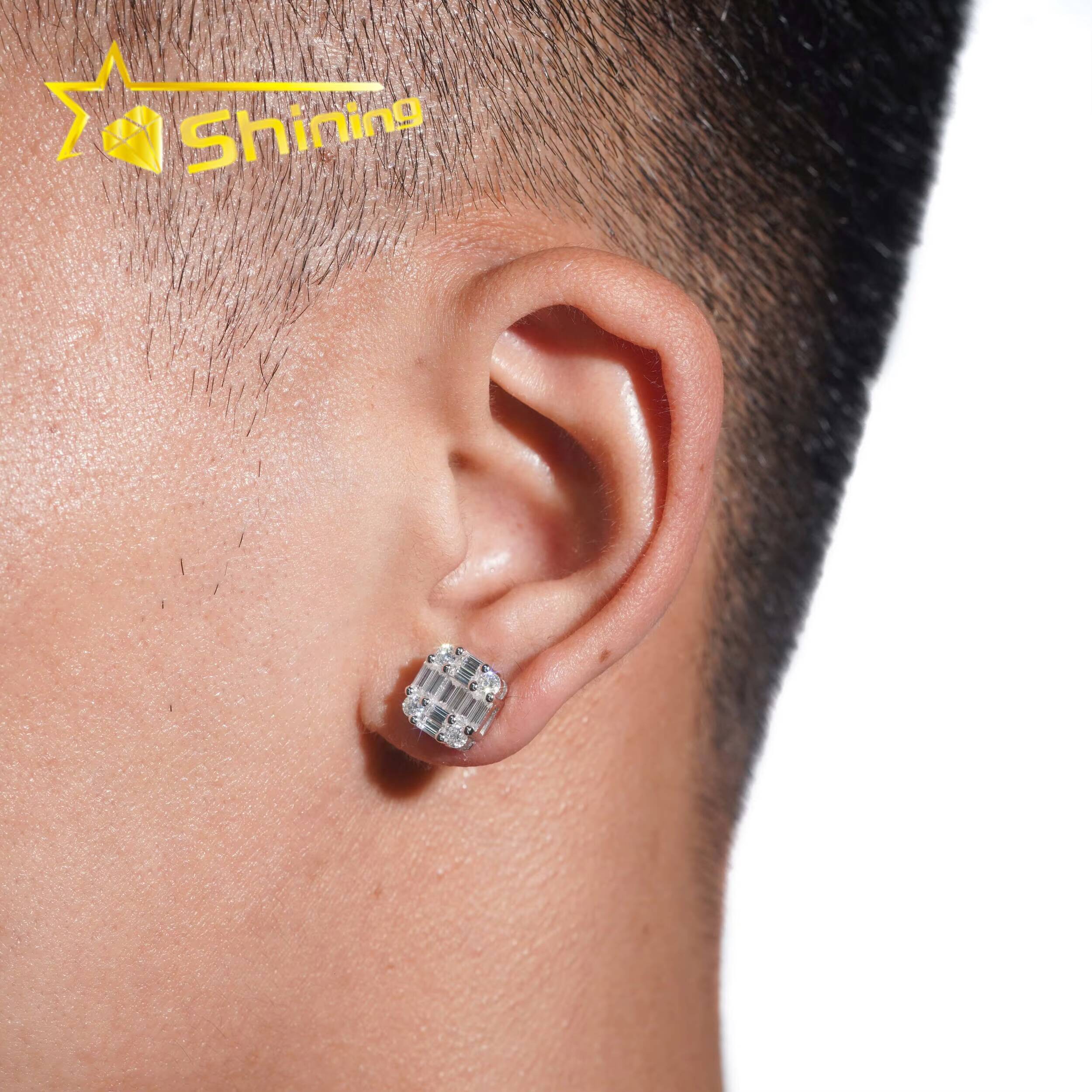 Ready to Ship Hip Hop Jewelry Pass Diamond Tester 925 Sterling Silver VVS Moissanite Diamond Classic Baguette Stud Earrings