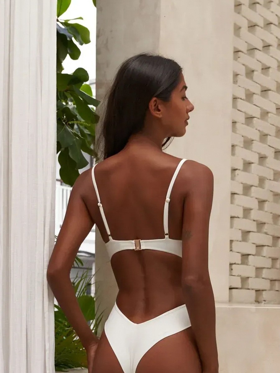 Women's Swimwear Sexy Push Up Bikini Set Solid Black White Swimsuit Thong Summer Brazilian One Piece Bathing Suit Beachwear