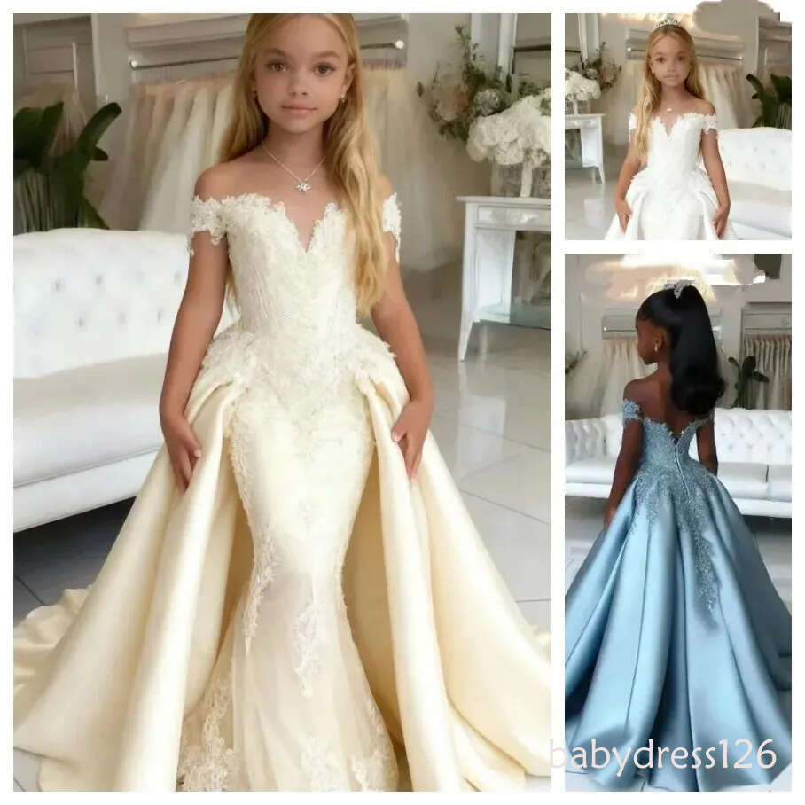 Elegant Satin Customized Flower Girl Lace Applique Mermaid Princess Skirts Pageant Dress High Low First Communion Gowns M30 ZD19
