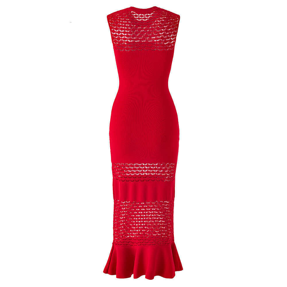 2026 Spring/Summer New q26 Designer Red Round Neck Knitted Hollow out Slimming Fishtail Dress