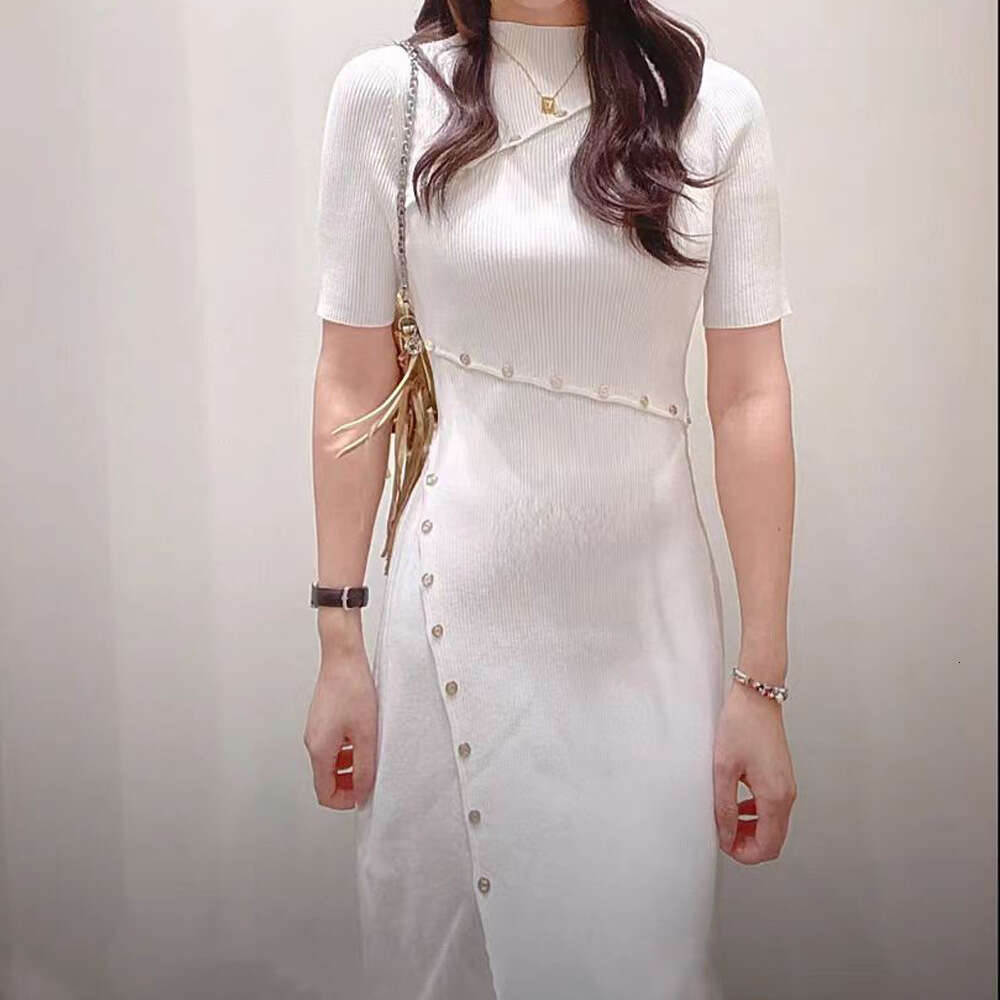 2026 Summer Designer Women's S18 New Elegant White Ribbed Waist Knitted Short Sleeve Dress