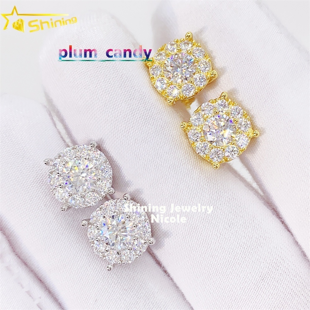 High Quality Iced Out 925 Sterling Silver Jewelry Screw Back Mens Moissanite Stud Earrings