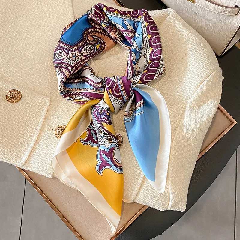 Blue Fashion Print 7070cm Silk Square Scarf Women Soft Satin Hairband Neckerchief Tie Female Headband Foulard Bag Ribbon Z260330