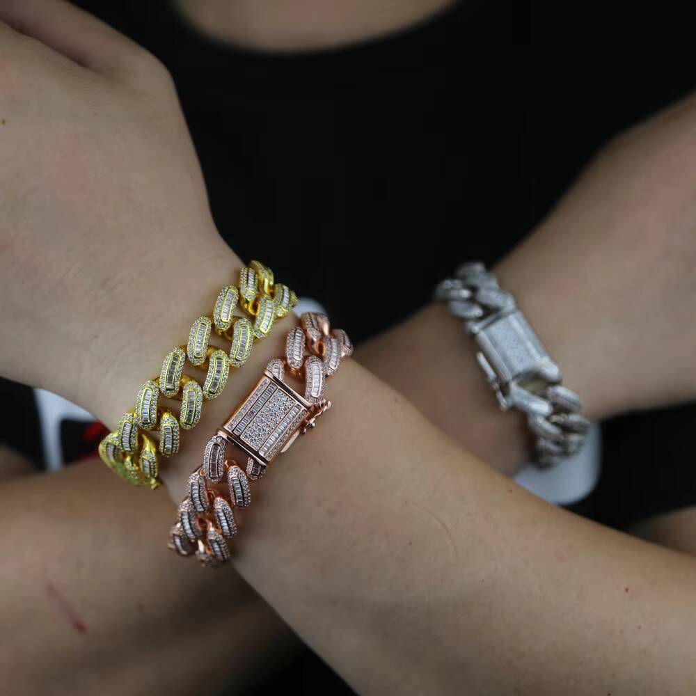 Iced Out Bling Punk Hip Hop 18mm Width Men Boy Jewelry Micro Pave Cz Double Row Chunky Cuban Link Chain Bracelet