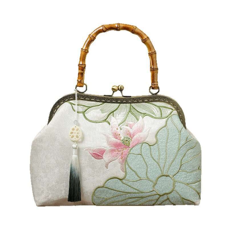 Pink Lotus Silver Leaf Heavy Embroidery Chinese Style Qipao Hanfu Handbag Bamboo Knot Tassel Handheld Bag Chinese Fashion Bag Tote