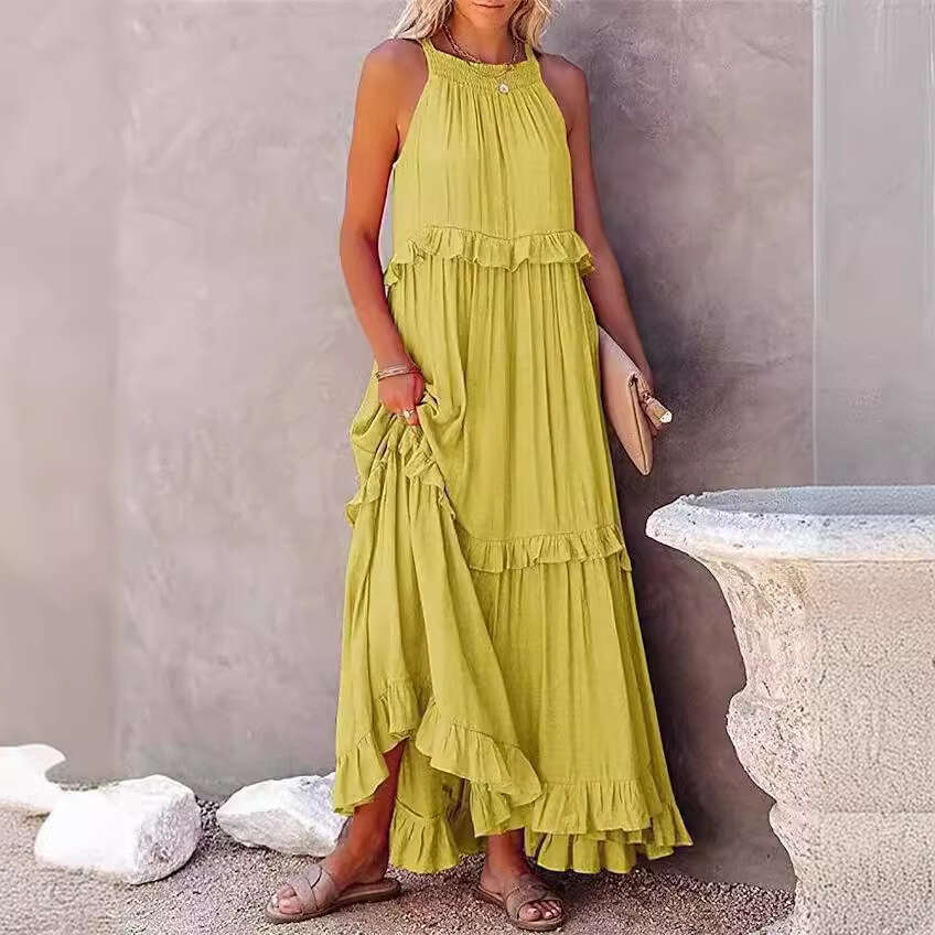 European and American 2026 Summer New Vacation Style Ruffled Long Flared Flowing Beach Dress for Women