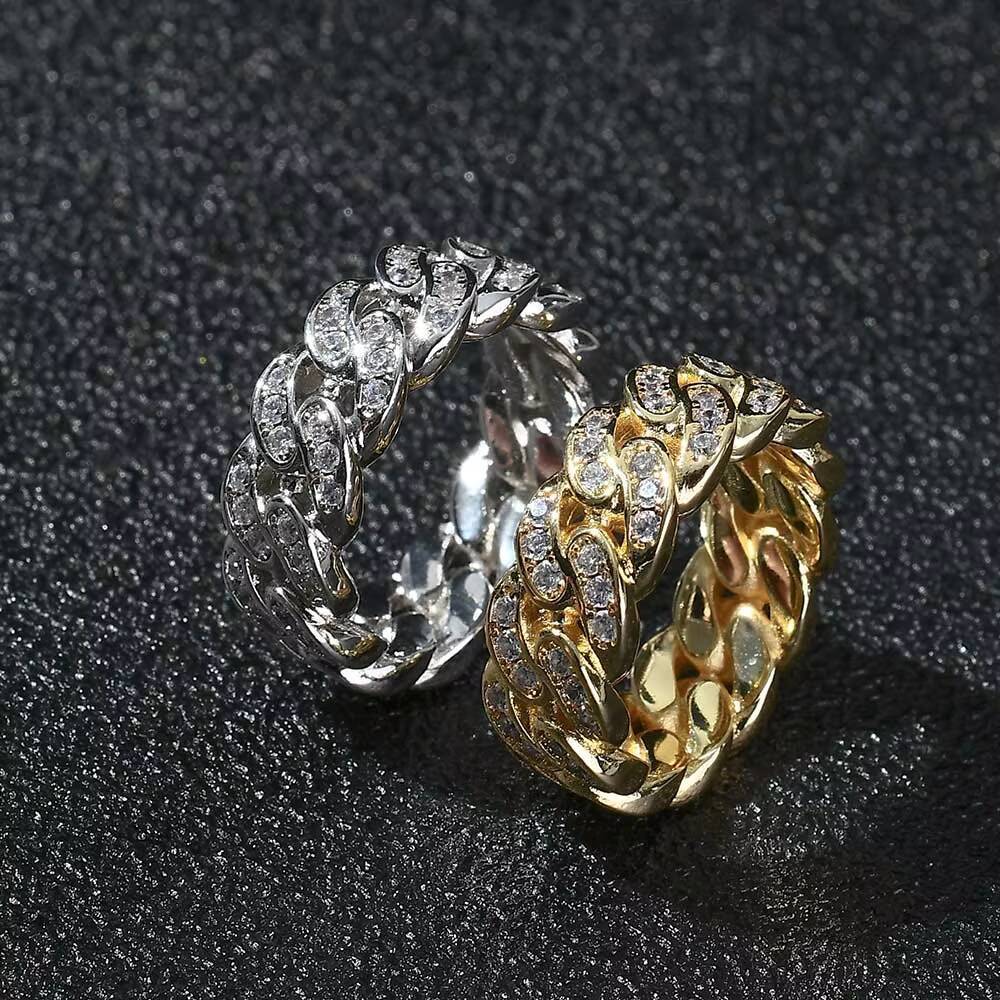NUOYA Mens White Gold Plated 925 Sterling Silver Hip Hop Iced Out Moissanite Cuban Link Ring for Wedding and Party Fine Jewelry
