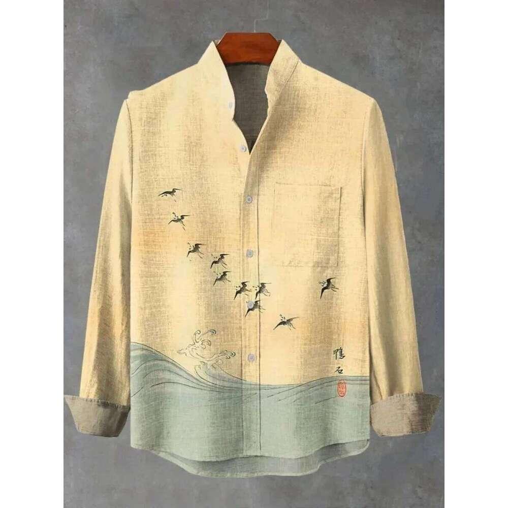 New Spring And Autumn Best-Selling Men's Long-Sleeved Comfortable Retro Kitten Pattern Art Print Shirt
