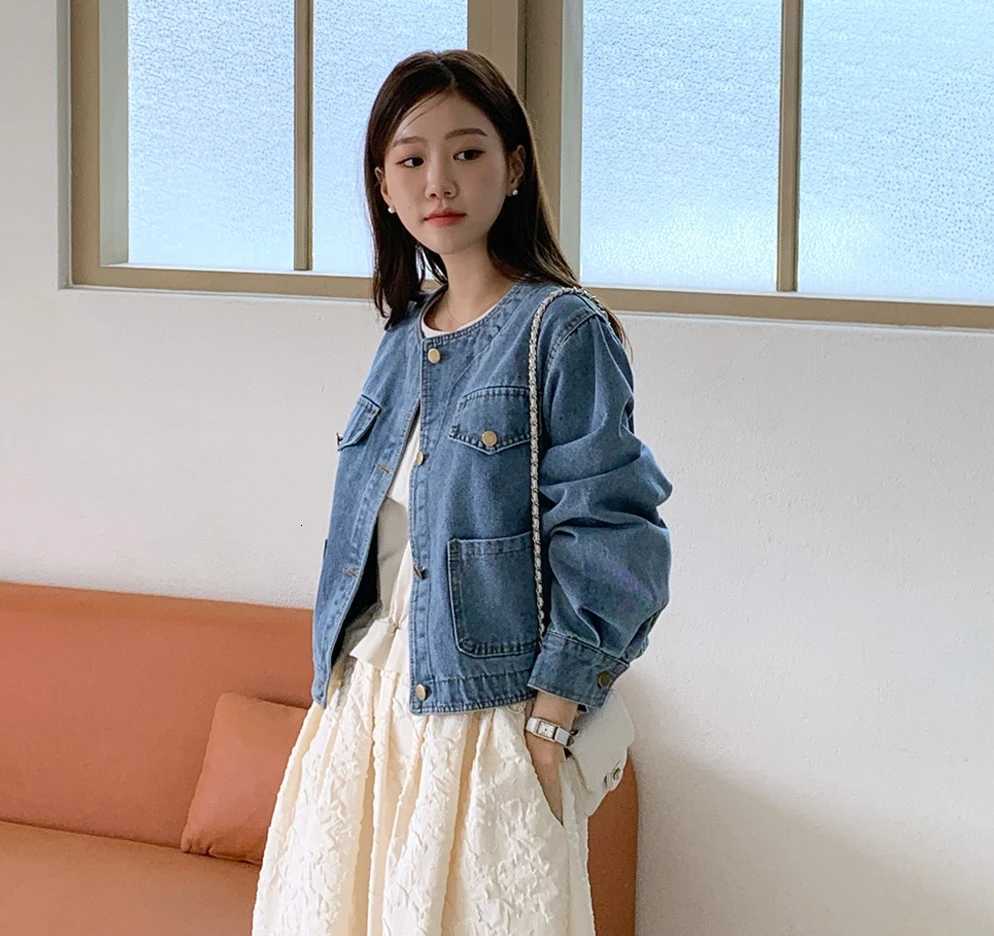 Botvotee Denim Jean Jacket for Women Vintage Pocket O Neck Long Sleeve Button Dowm Jeans Jackets Fall Spring OutwearT260328