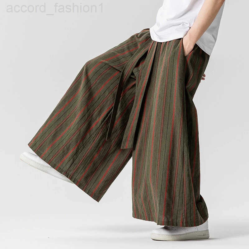 Striped Pants Mens Cotton Linen Comfortable Breathable Wide Leg Trousers Kimono Japanese Samurai Casual Loose Fashion Pants Men H260330