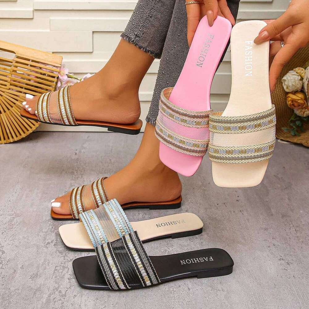New Women Fashion Flat Bohemian Style Shoes Round Open Toe Sandals Lightweight Beach Slippers Size Slides Woman