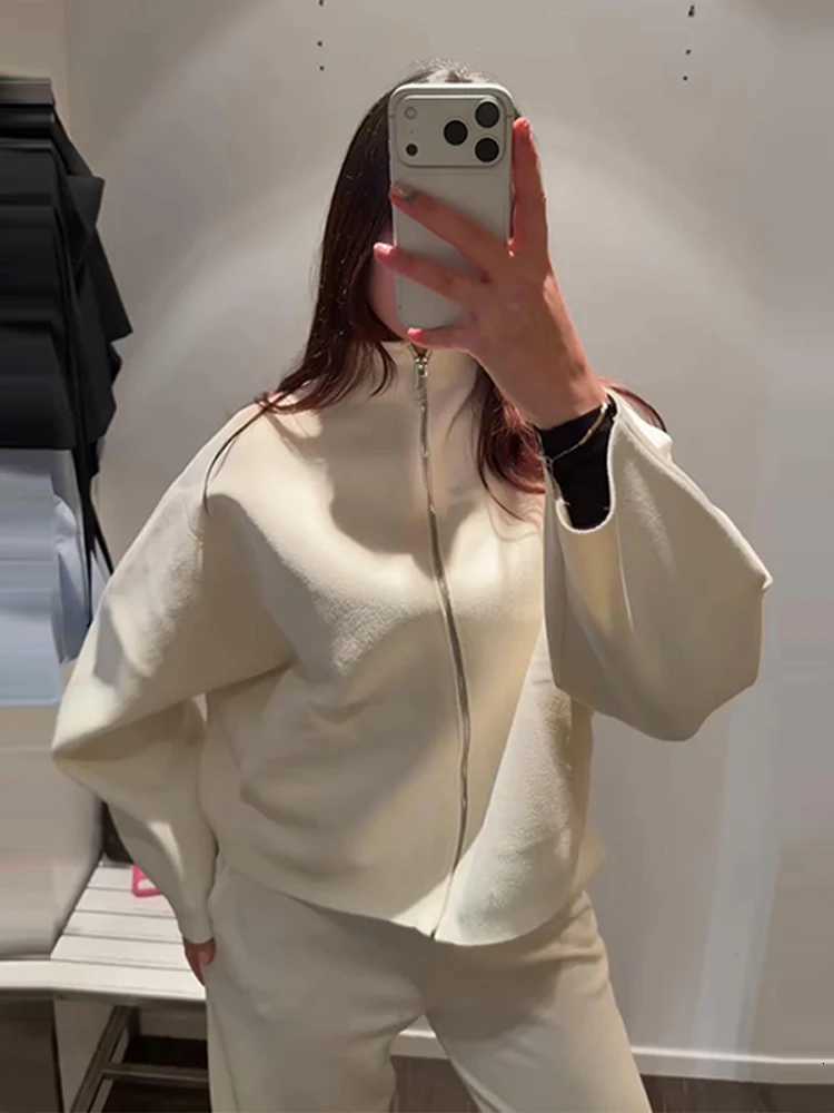Elegant Knitted Solid Womens Coat Loose Zippers Stand Collar Female Short Jackets 2026 Spring Autumn Lady Street OuterwearT260328