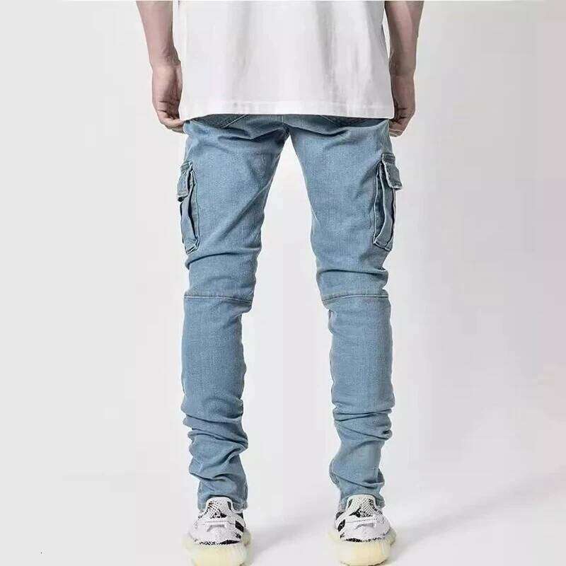 Men Street Elastic Denim Jeans Wash Solid Color Multi Pockets Cargo Pants Casual Slim Fit Daily Wear Joggers Mid Waist Trousers 26Y0330