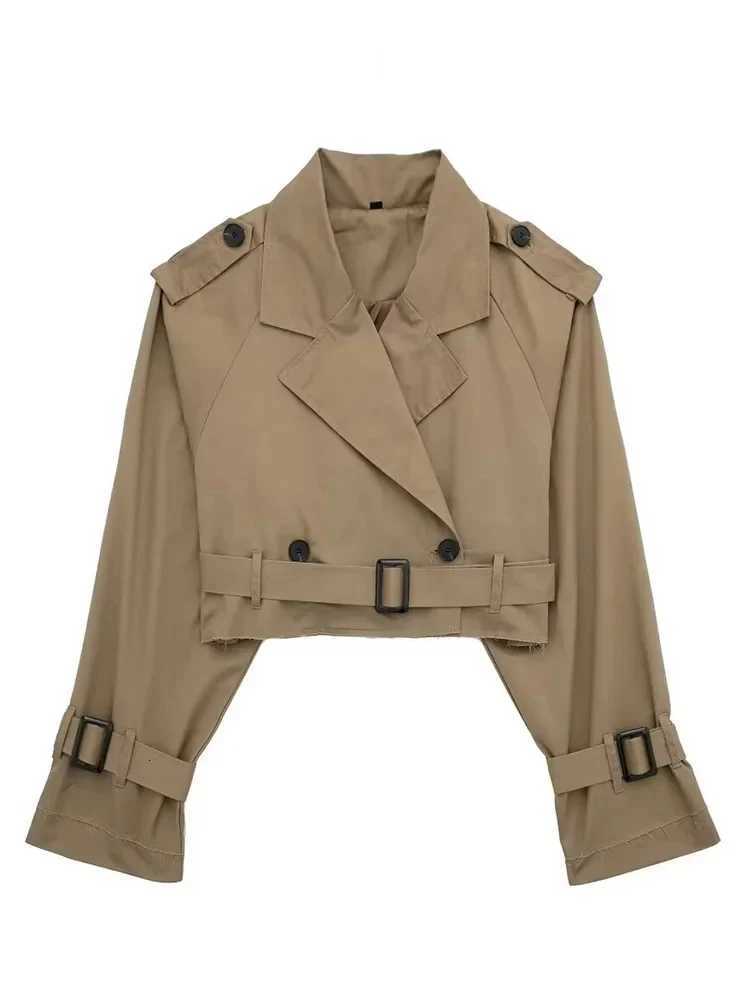 HH 2025 Women Belt Cropped Trench Spring Jacket Vintage Streetwear Double Breasted Long Sleeve Top Female Coat OutfitsT260328