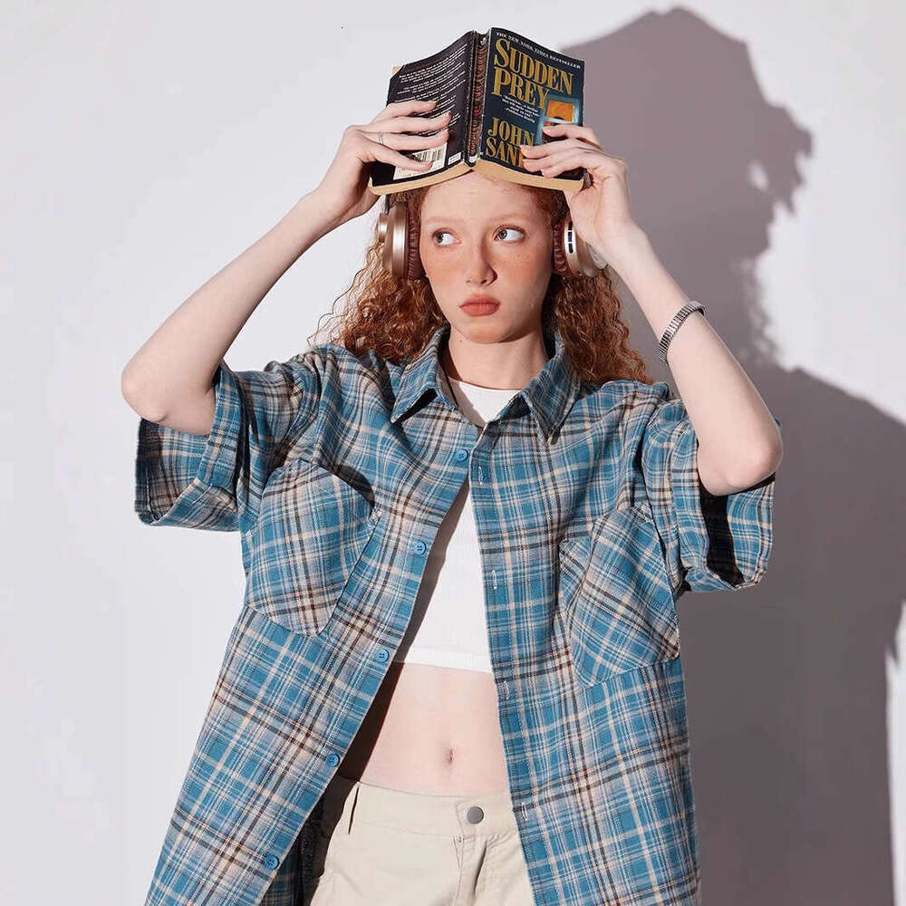 American Retro Plaid Short-Sleeve For Women, Loose-Fitting, Versatile Couple's Shirt