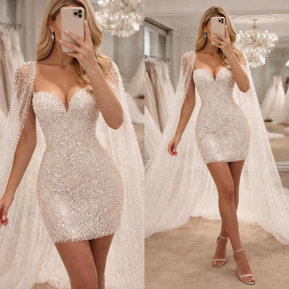 Romantic Customized Prom Dresses Luxury Sequins Sweetheart Neck With Cape Mermaid Evening Party Graduations Vestidos De Noche