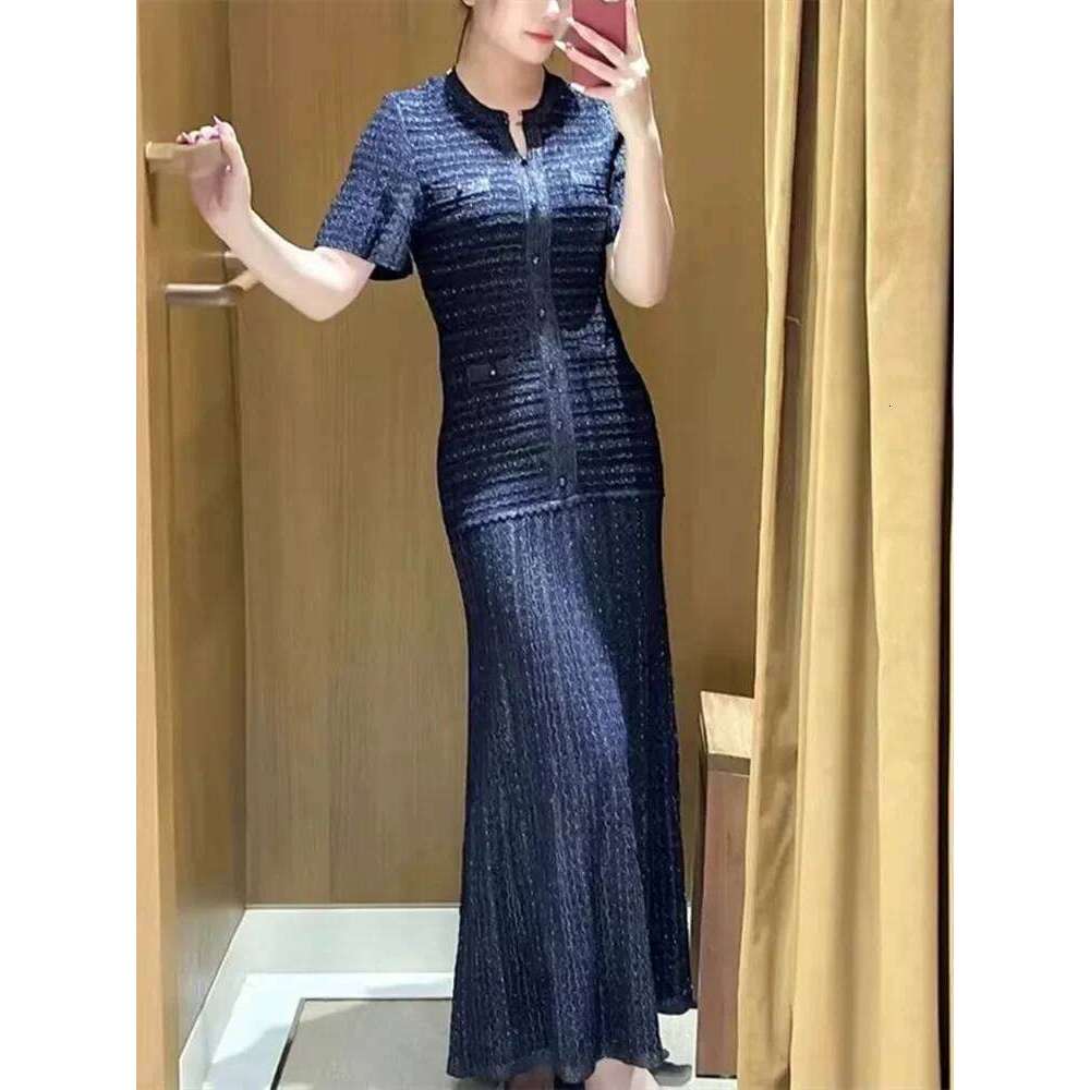 Women Diamond Embellished Sparkling Knitted Dress Hollow Out Elegant Female O-Neck Navy Blue Single Breasted Knit Midi Robe Mdng260330