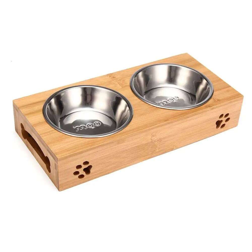 Pet Bear Bamboo Plate Natural Durable Safety Wood Stainless Steel Cat Dog Utility Double Bowl 26W0330