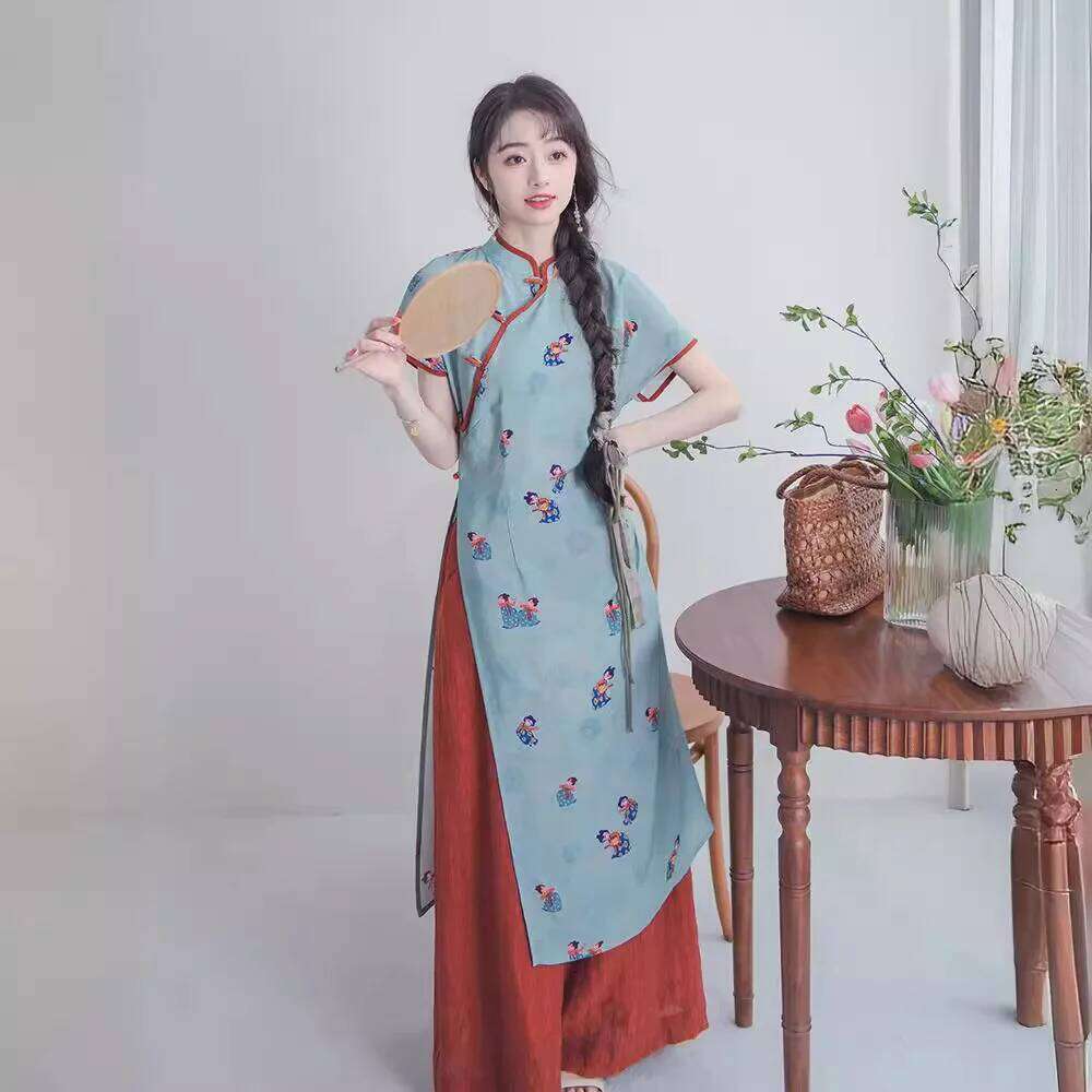 New Blue Cheongsam Set Women Improved Qipao Chinese Style Short Sleeve Vintage 2 Pieces Floral Long Dresses With Trousers MAKOUFEI