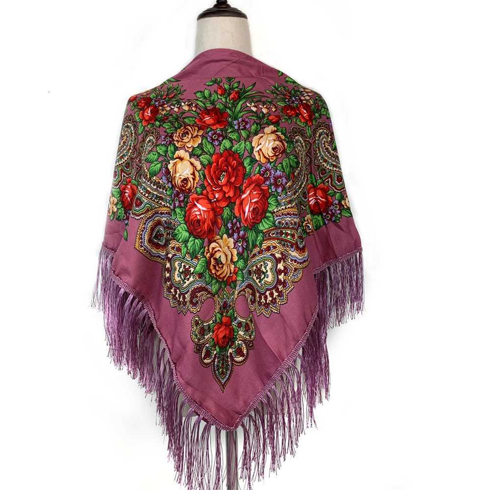 115115cm Luxury Floral Print Russian Square Scarf Wen Traditional Ukrainian Fringed Shawl Bandana Babushka Wraps X260328