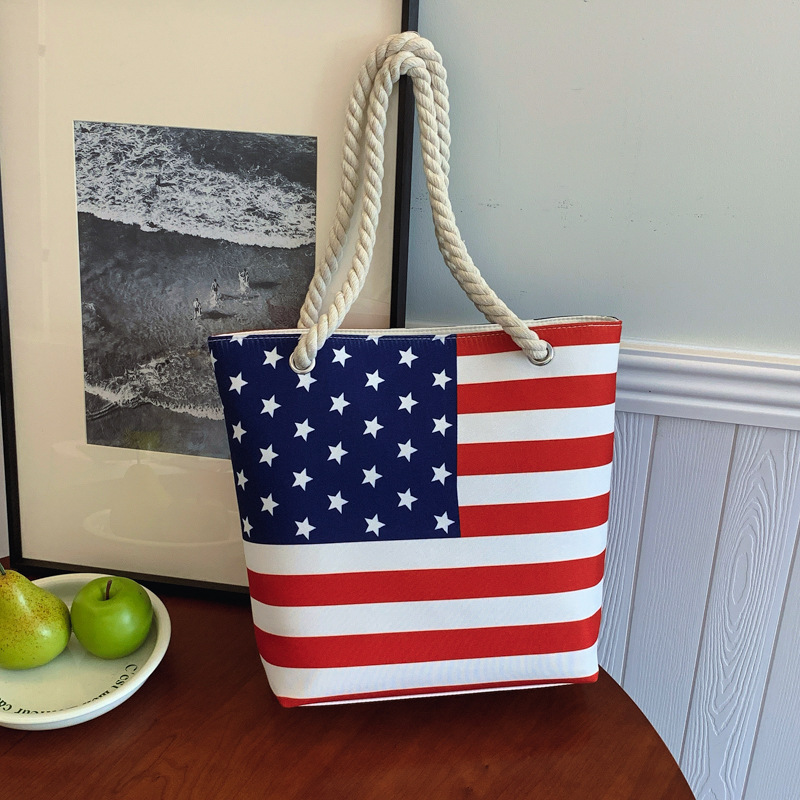 TB BHULAMTE Designer Luxury New Canvas Striped Print Shoulder Bag, Fashionable Korean-style Soft Tote Bag With American Flag Pattern, Casual Tote