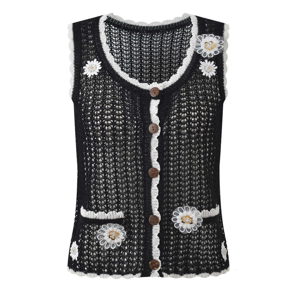 Summer New Style Fresh and Sweet Slim Fit Hollow Short Knit Vest Top with Three-Dimensional Beaded Flower Decoration