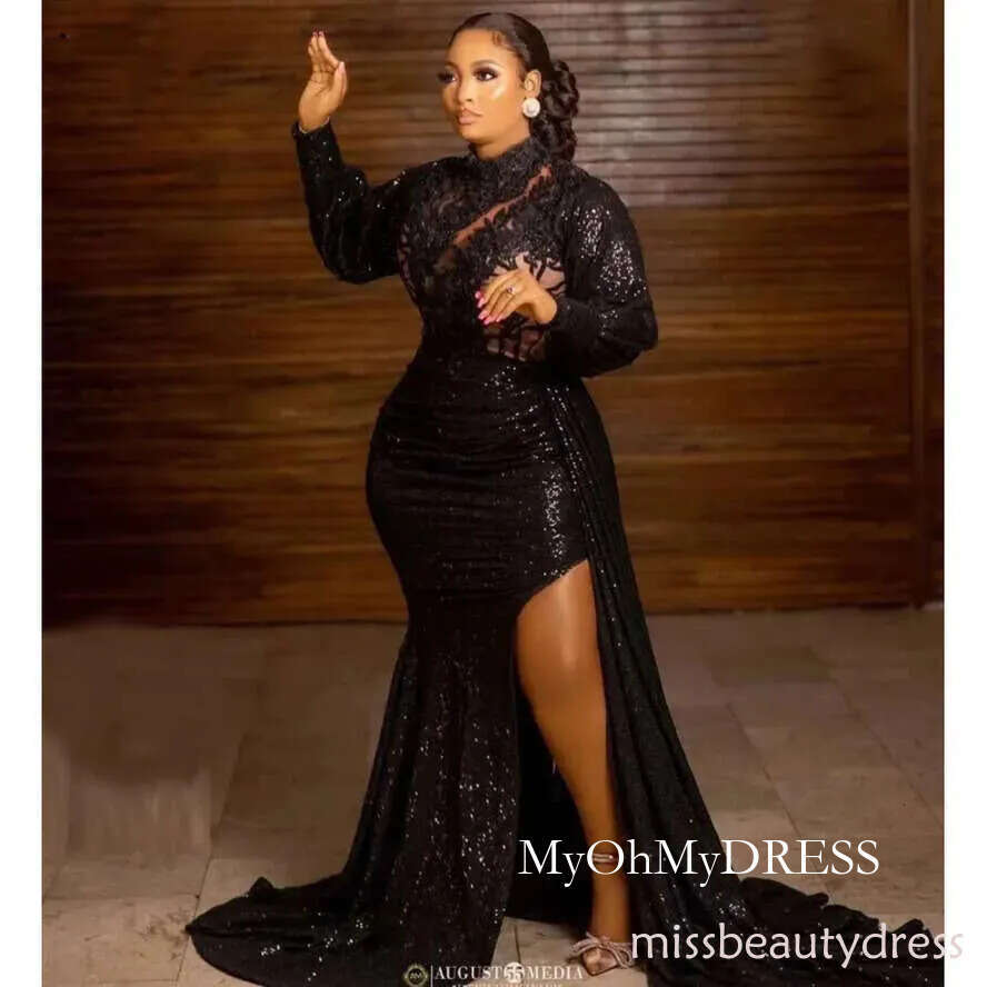 Elegant Black Sequins Prom Dresses For African Women High Neck Long Sleeve Applique Plus Size Formal Birthday Party Evening Gowns Abendkleider Mal D03