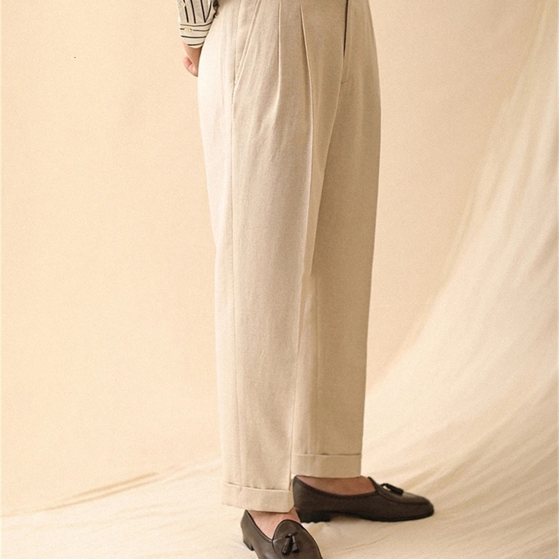 Linen Straight Pant For Men Summer Business Gentleman Naples Pant Paris Buckle Drape High Waisted Trousers Men Formal Pant 260327