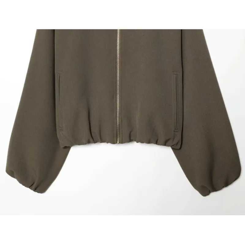 Womens Simple Jacket with Zipper Casual Turn-down Collar Solid Long Sleeve Gathered Hem Pocket Women Coat Female Chic TopsT260328