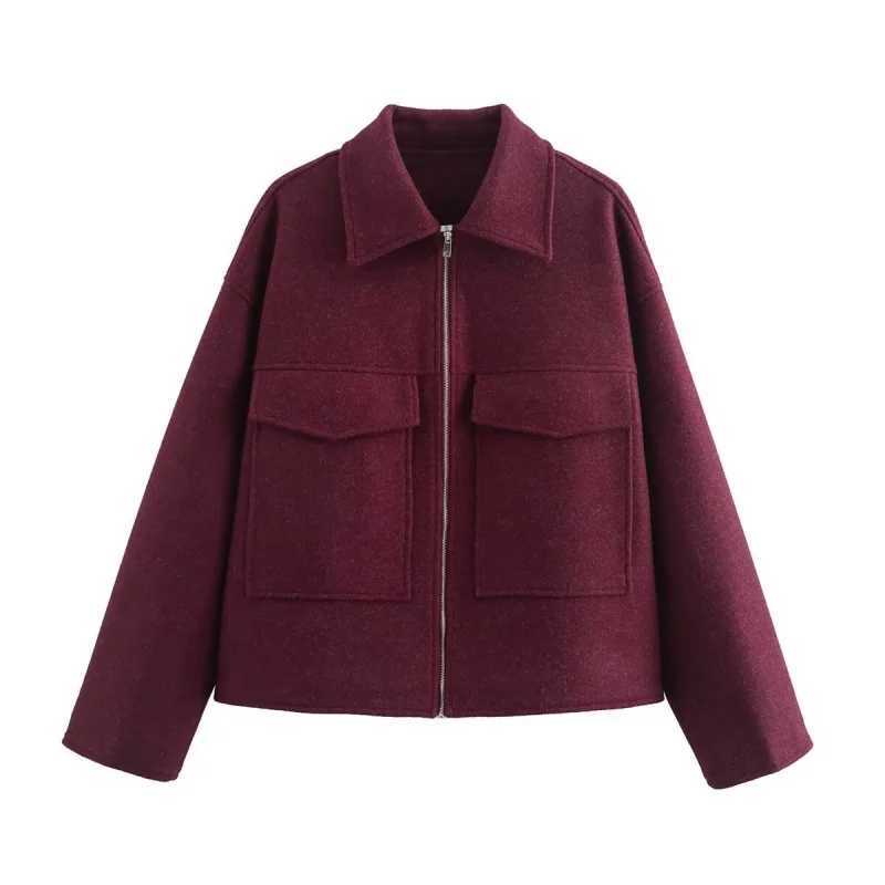 2026Spring and Autumn Fashionable Burgundy Large Pocket Zipper Woolen Coat for WomenT260328