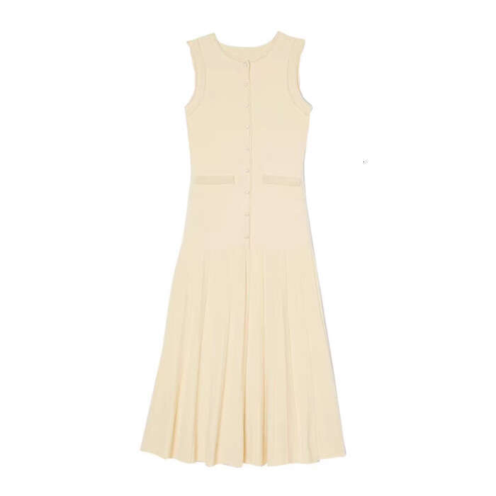 2026 Spring New French Elegant Color blocked A1 Pearl Decoration Sleeveless Black Medium length Knitted Dress