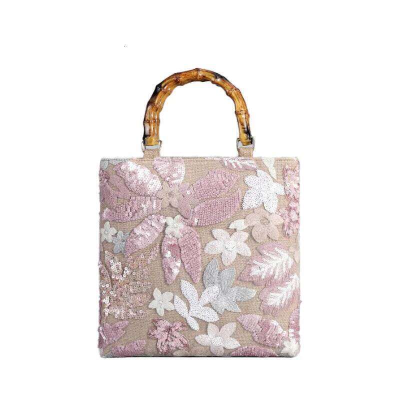 Chinese Embroidery Bamboo Handle Embroidery Shopping Bag Retro Ladies Lace Weaving Tote Colorful Sequins Cotton Linen Woven Handbag With Inner Bags Cl