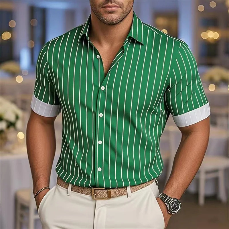 Mens Fashion Striped Loose Short Sleeve Shirt Casual Breathable Lapel Button Shirt Soft and Comfortable Festival Top 260327