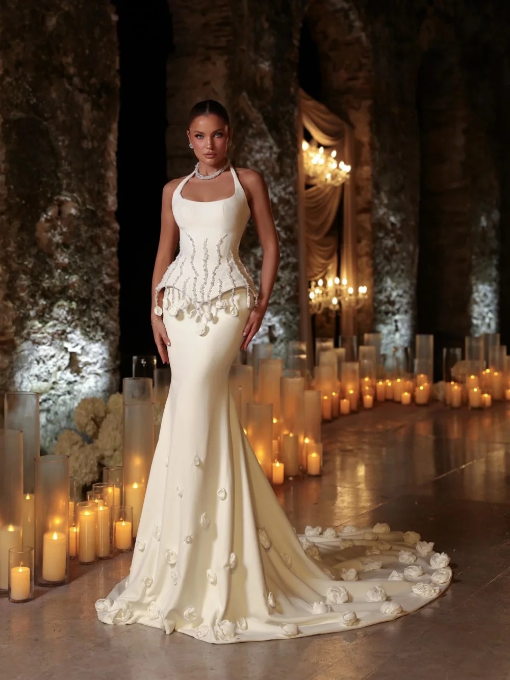Elegant Pearls Mermaid Evening Dresses Halter 3D Flowers Prom Dress Sleeveless Princess Sweep Train Customized Party Gown Vestidos De Noche Plus Size