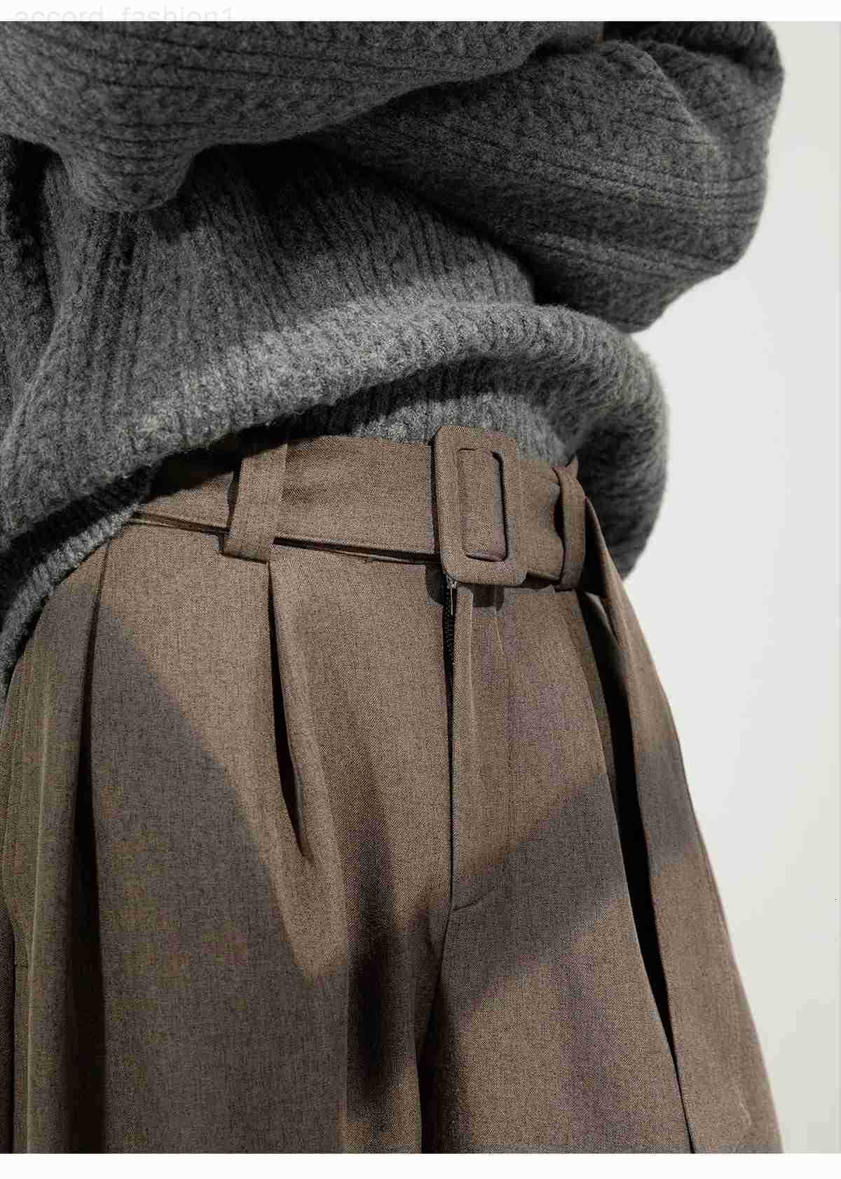 Mens Pleated Drape Curved-Leg Trousers Loose-Fit Straight-Leg Pants Retro-Style Belted Casual Pants H260330