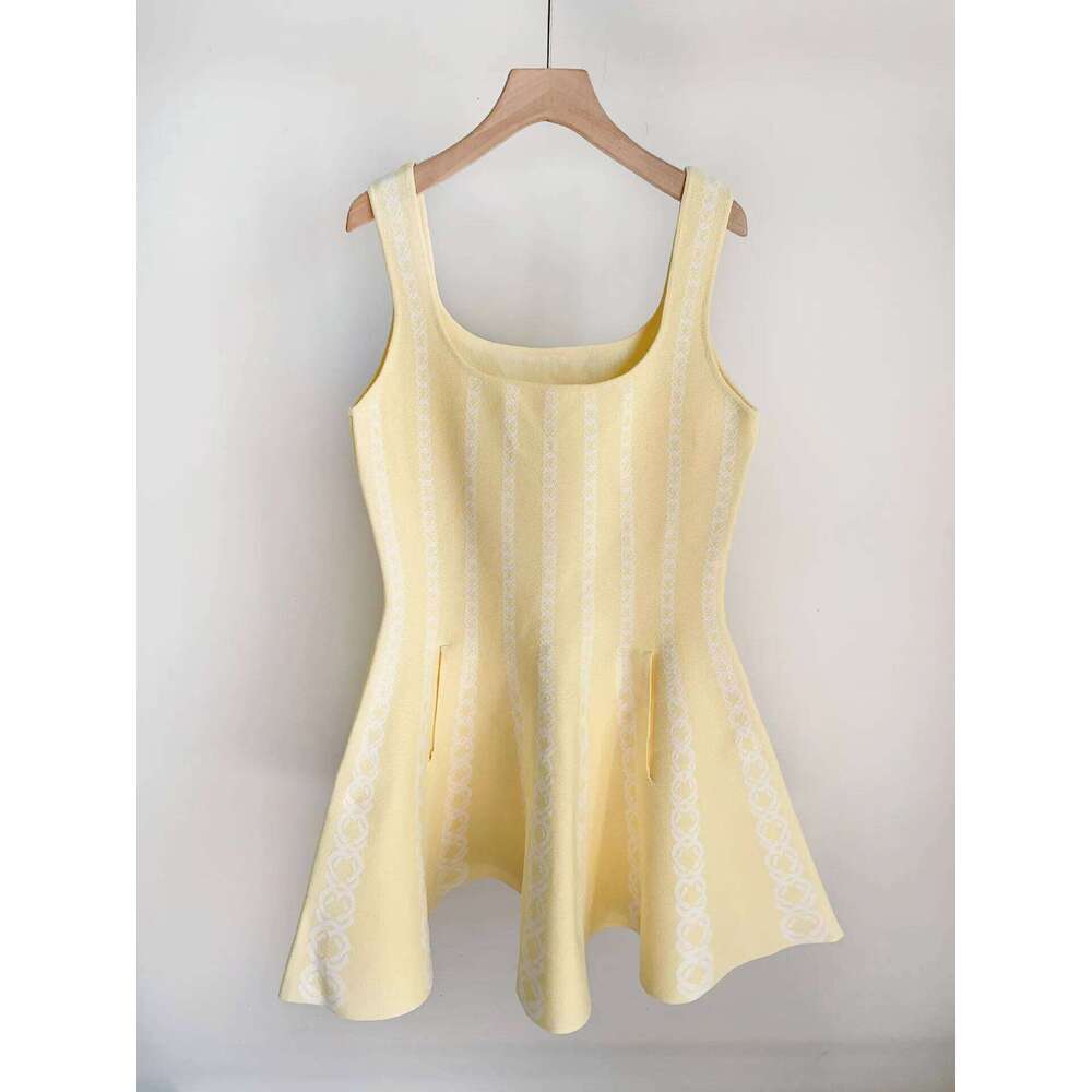 Striped Jacquard Women Yellow Knitted Tank Dress Sleeveless A-Line Vest Robe Or Short Sleeve Female Cardigan Single-Breasted Top Mdng260330